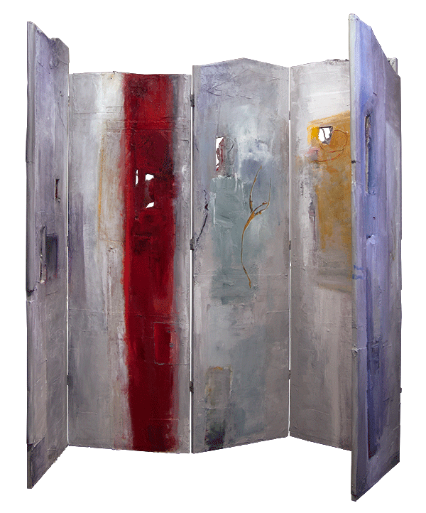 "Spectrum Of Consciousness", acrylic paint on 5-panel art screen – hinged wood and foam board canvas covered structure  (ea panel is 24in wide; overall 78in high x 120in wide) – 5 panels can be folded into multiple configurations